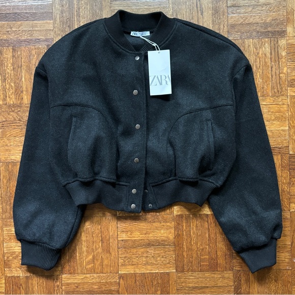 NWT Zara Gray Felt Soft Cropped Bomber Jacket S - Picture 2 of 6